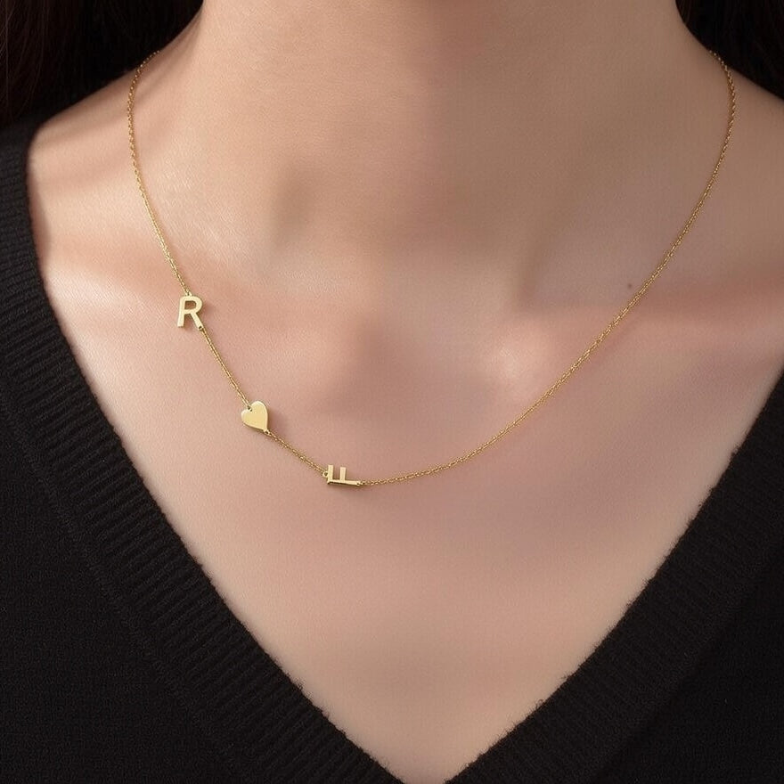 Two Letters with Heart Necklace Vertical (Personalized)