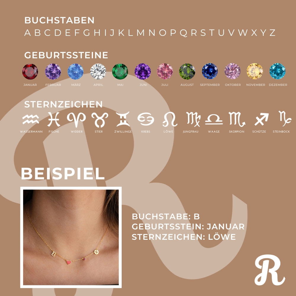 Sternzeichen mit Initialen-Herz & Geburtsstein Kette (Personalisiert)